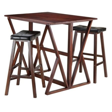 WINSOME Winsome 94361 36.22 x 39.37 x 31.5 in. Harrington Drop Leaf High Table with 2 - 29 in. Cushion Saddle Seat Stools; Antique Walnut - 3 Piece 94361